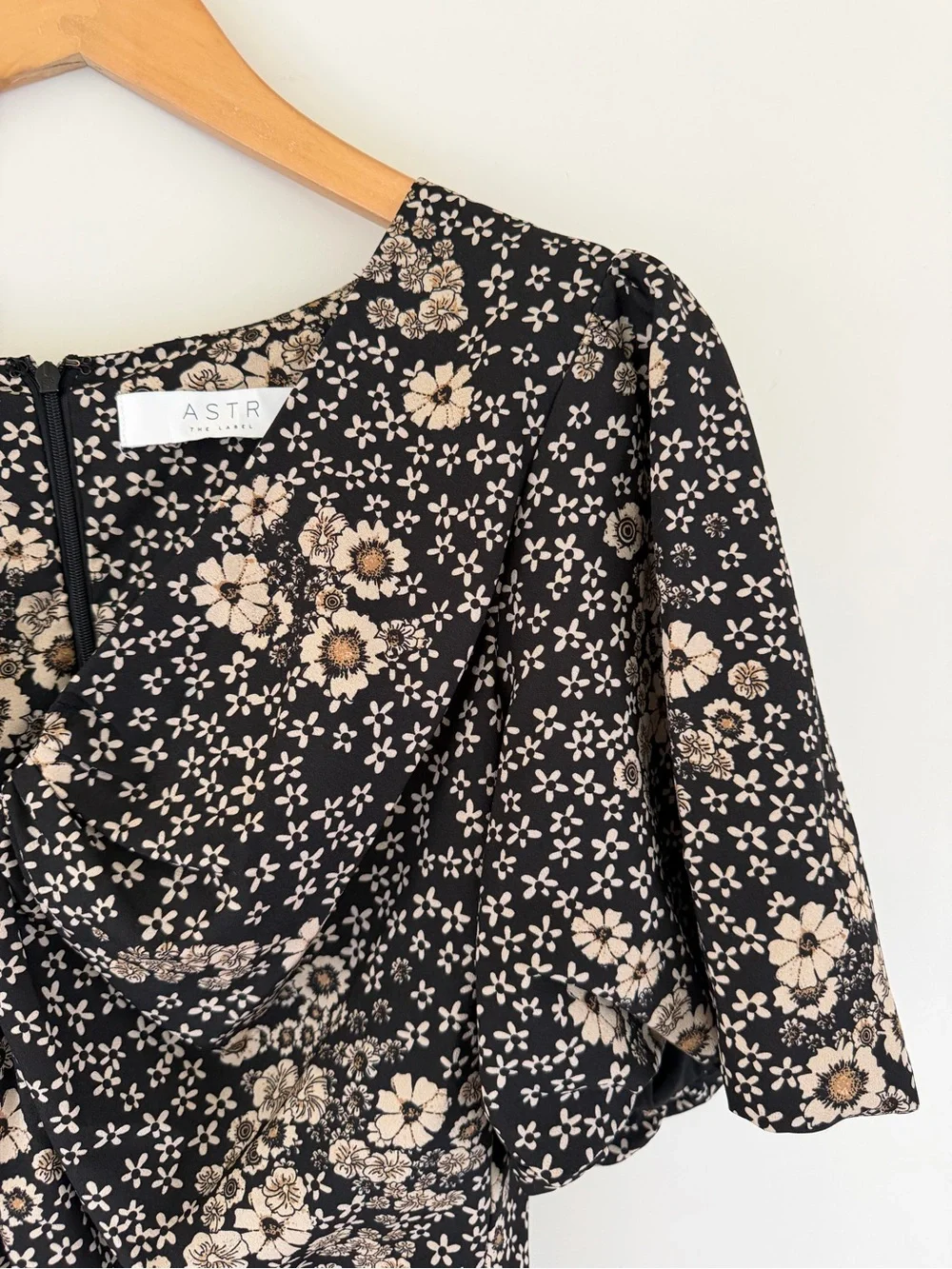Astr Black Floral Puff Sleeve Blouse with Cream Blossoms